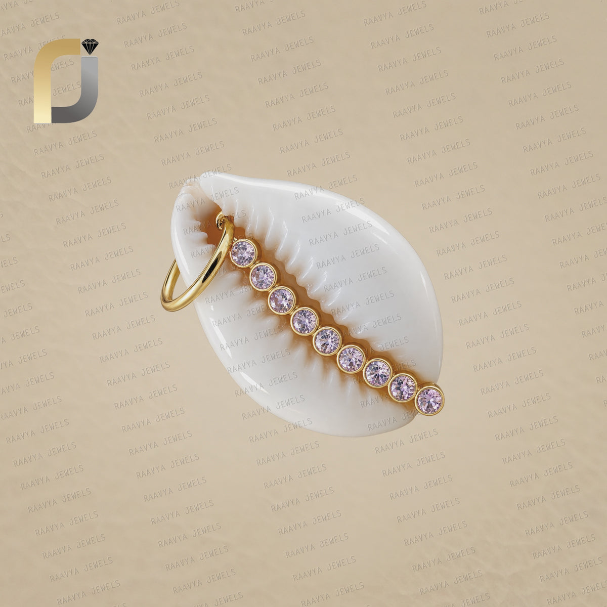 14K Gold Cowrie Shell Pink Sapphire Pendant,Cowrie White Shell Pink Sapphire Pendant,