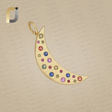 14K Solid Gold Multi Sapphire Crescent Moon Pendant Jewelry