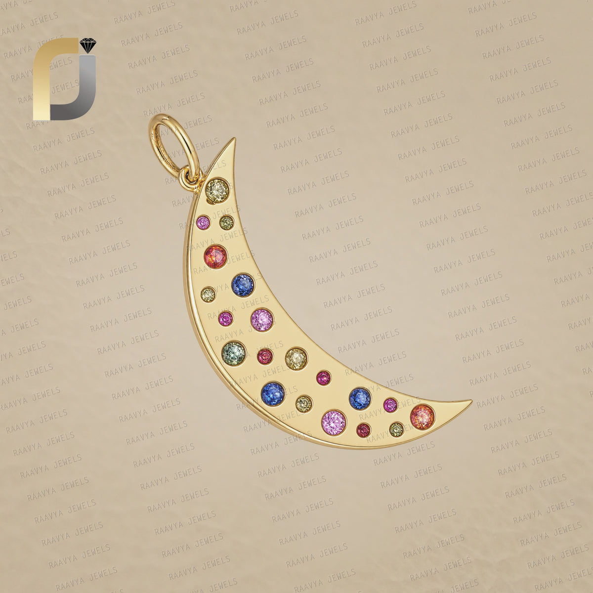 14K Solid Gold Multi Sapphire Crescent Moon Pendant Jewelry