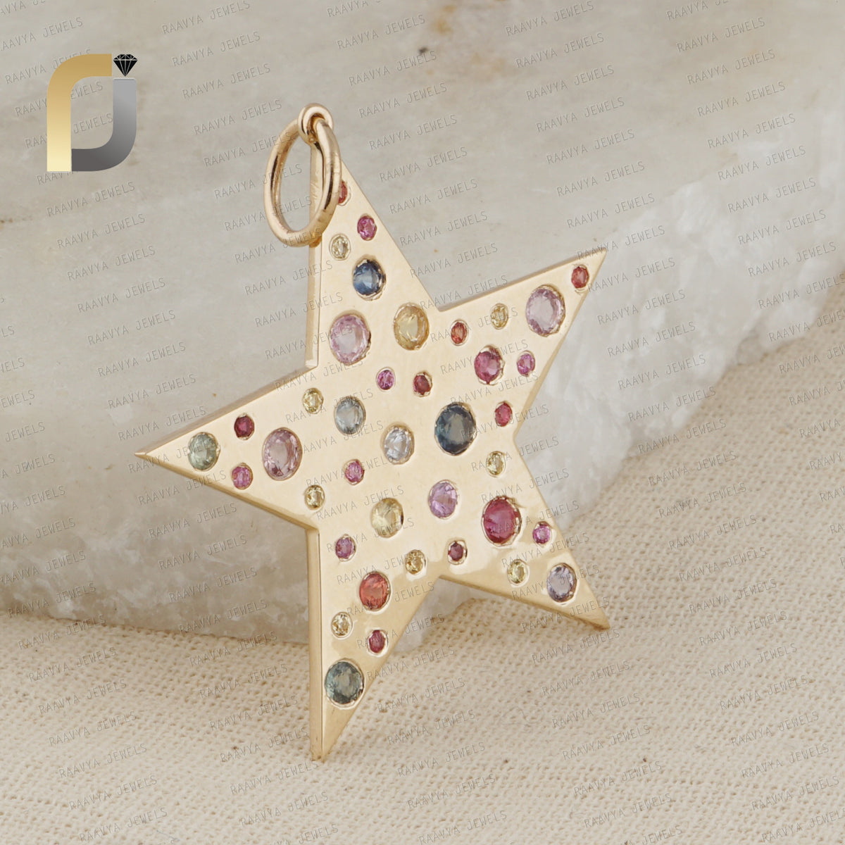 14K Yellow Solid Gold Diamond & Multi Sapphire Star Pendant Jewelry