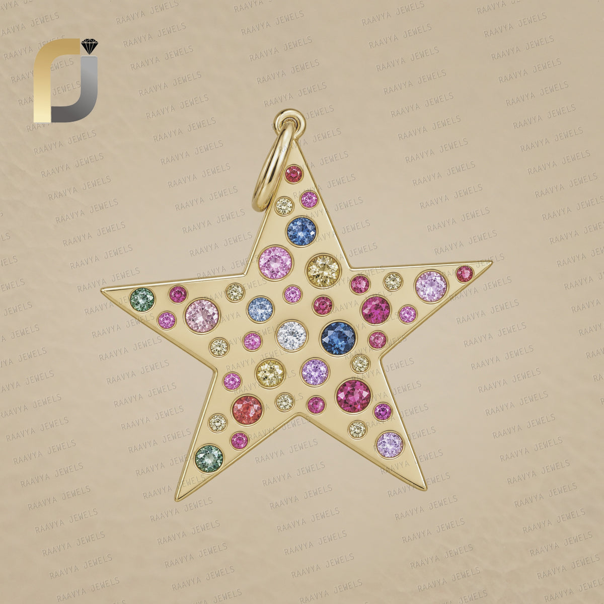 14K Yellow Solid Gold Diamond & Multi Sapphire Star Pendant Jewelry