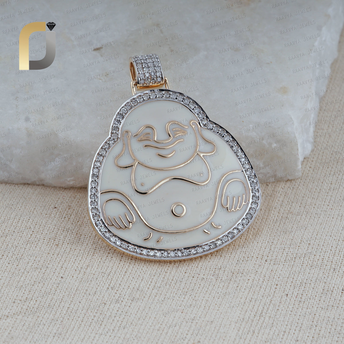 14K Gold White Diamond with Enamel Laughing buddha Pendant