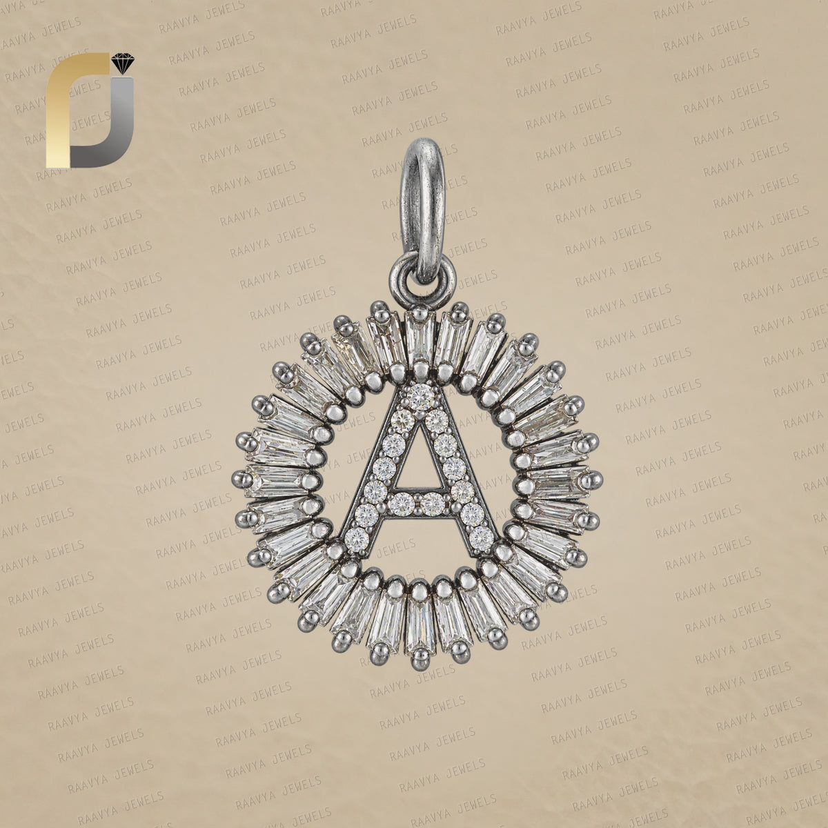 Baguette & Diamond Alphabet Silver Pendant, Baguette Diamond Initial Pendant,