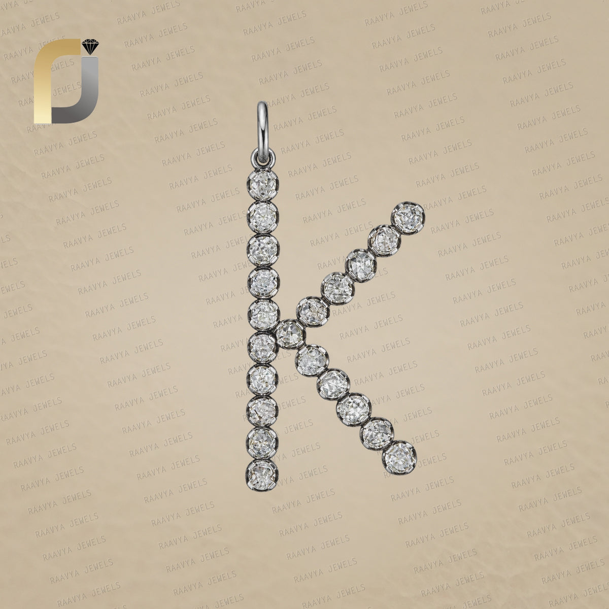 Polki Diamond Initial K Oxidized 925 Silver Pendant