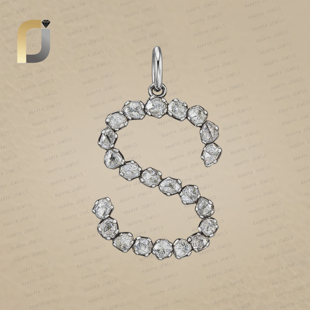 Polki Diamond S Initial Pendant, Diamond Polki Silver Oxidized Pendant