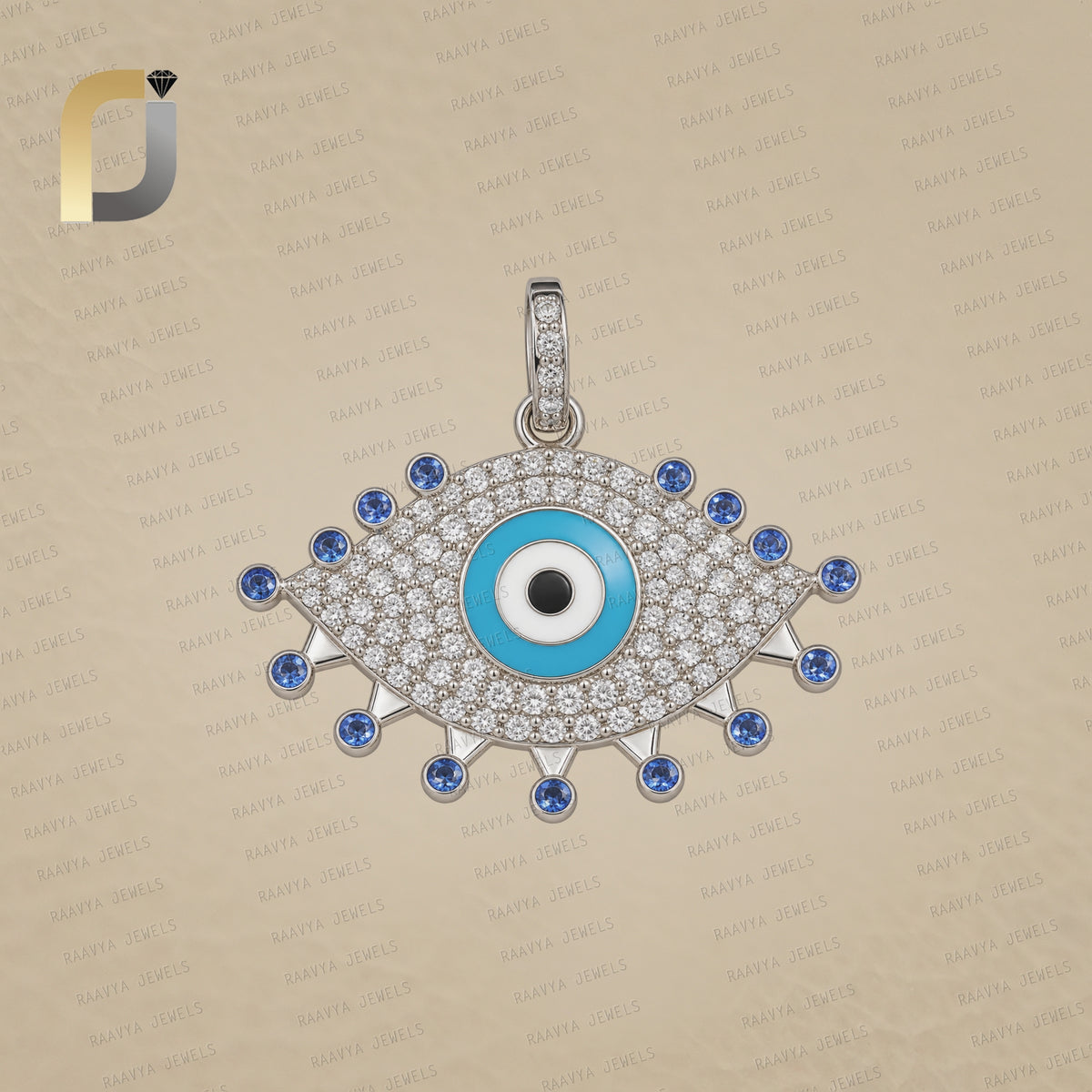 Pave Diamond 925 Silver Evil Eye Pendant Blue Sapphire Gemstone Enamel Jewelry