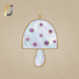 14K Solid Yellow Mother of Pearl and Sapphire Mushroom Pendant, Gold Mushroom Pendant, Gemstone Pendant