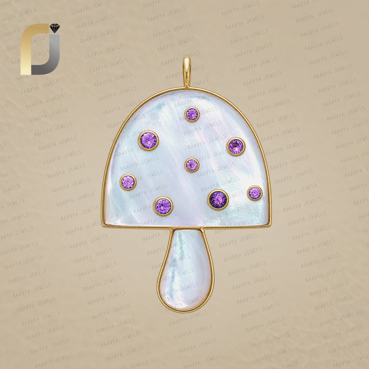 14K Solid Yellow Mother of Pearl and Sapphire Mushroom Pendant, Gold Mushroom Pendant, Gemstone Pendant