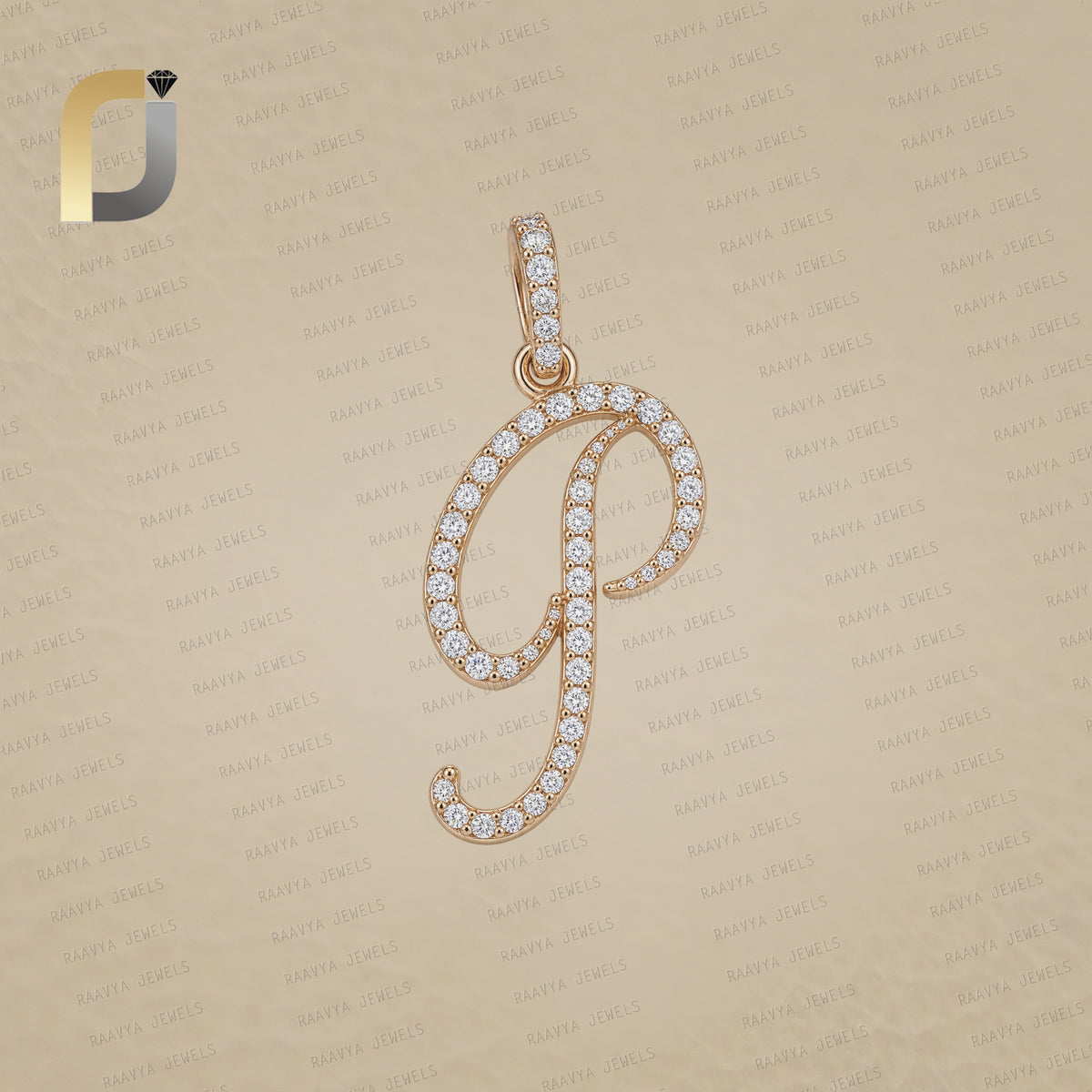 White Diamond P Initial Pendant, 14K Solid Yellow Gold P Initial Pendant