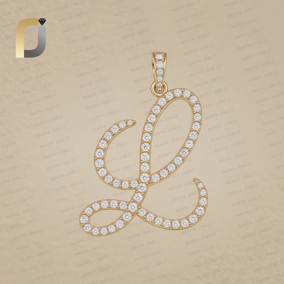 14K Solid White Gold Diamond Big Initials, Diamond Cursive "L" Initials Big Pendant
