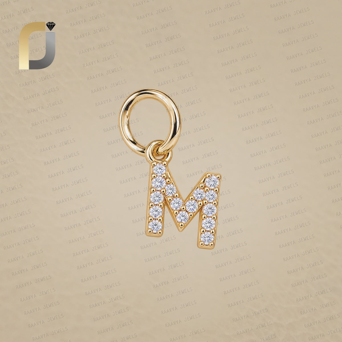 14K Yellow Gold White Diamond  M Initials Charms