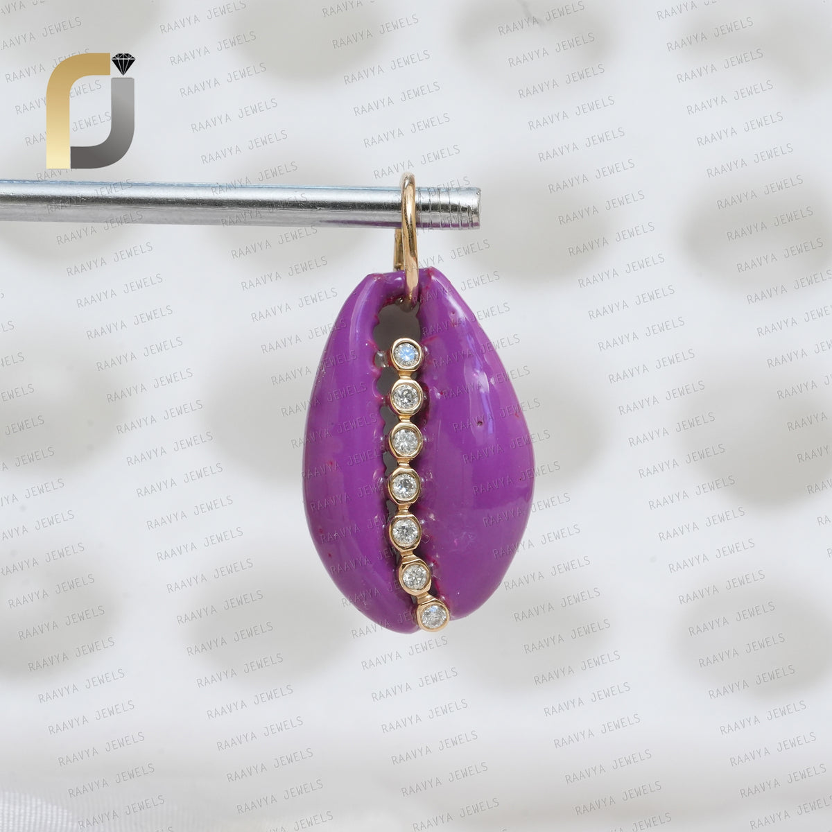 14K Gold Double Cut Diamond Shell Pendant, Multi Color Enemal Diamond Shell, 14K Gold Cowrie Shell, Color Enemal Cowrie Gold Shell Pendant