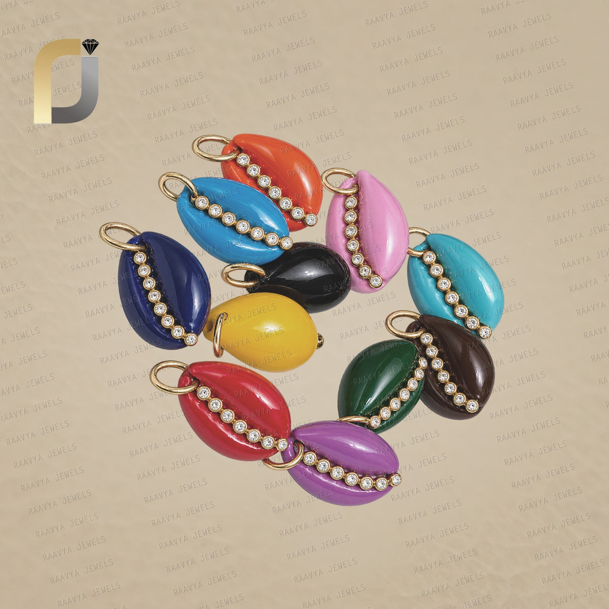 14K Gold Double Cut Diamond Shell Pendant, Multi Color Enemal Diamond Shell, 14K Gold Cowrie Shell, Color Enemal Cowrie Gold Shell Pendant