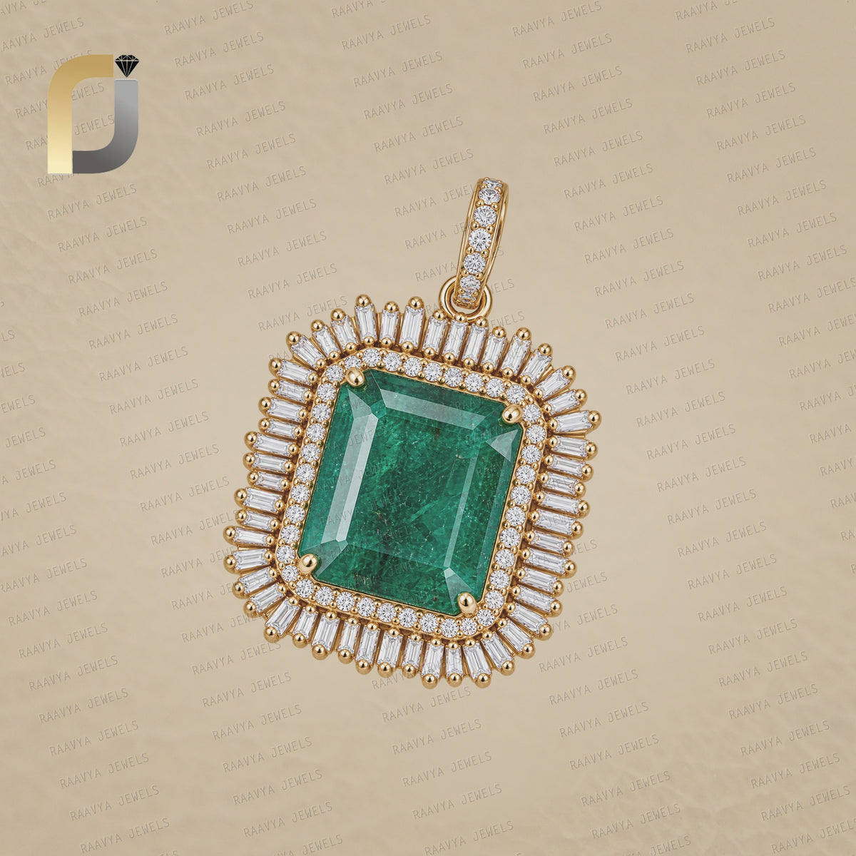 Emerald Gemstone gold Baguette Diamond Pendant