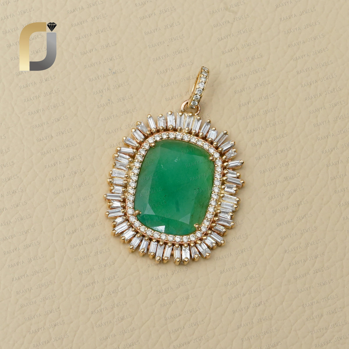 14K Yellow Gold with Baguette Diamond and Emerald Gemstone Pendant