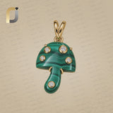 Solid 14k Yellow Gold Natural Diamond 925 Silver Malachite Mushroom Pendant