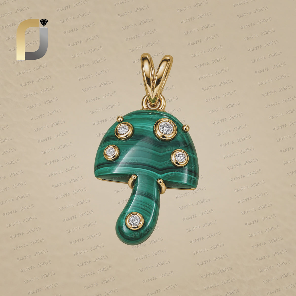 Solid 14k Yellow Gold Natural Diamond 925 Silver Malachite Mushroom Pendant
