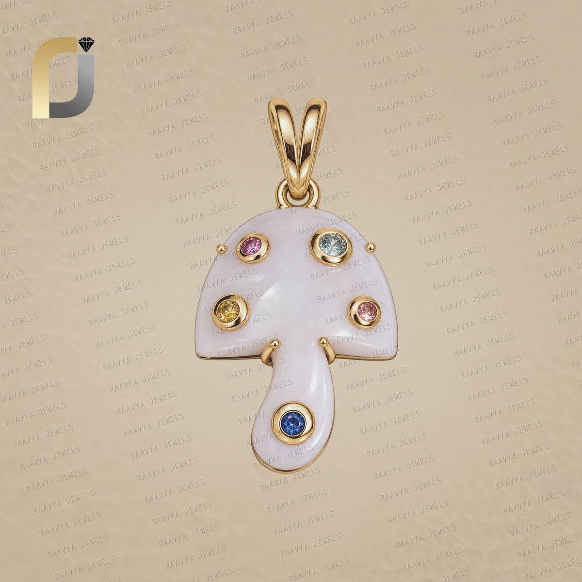 14k Solid Yellow Gold Natural Diamond 925 Silver Opal Mushroom Pendant
