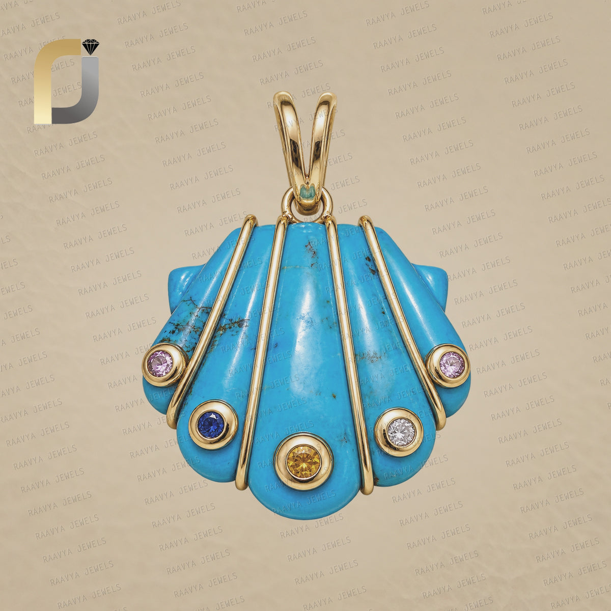 Turquoise Gemstone silver & Gold Seashell Design Pendant
