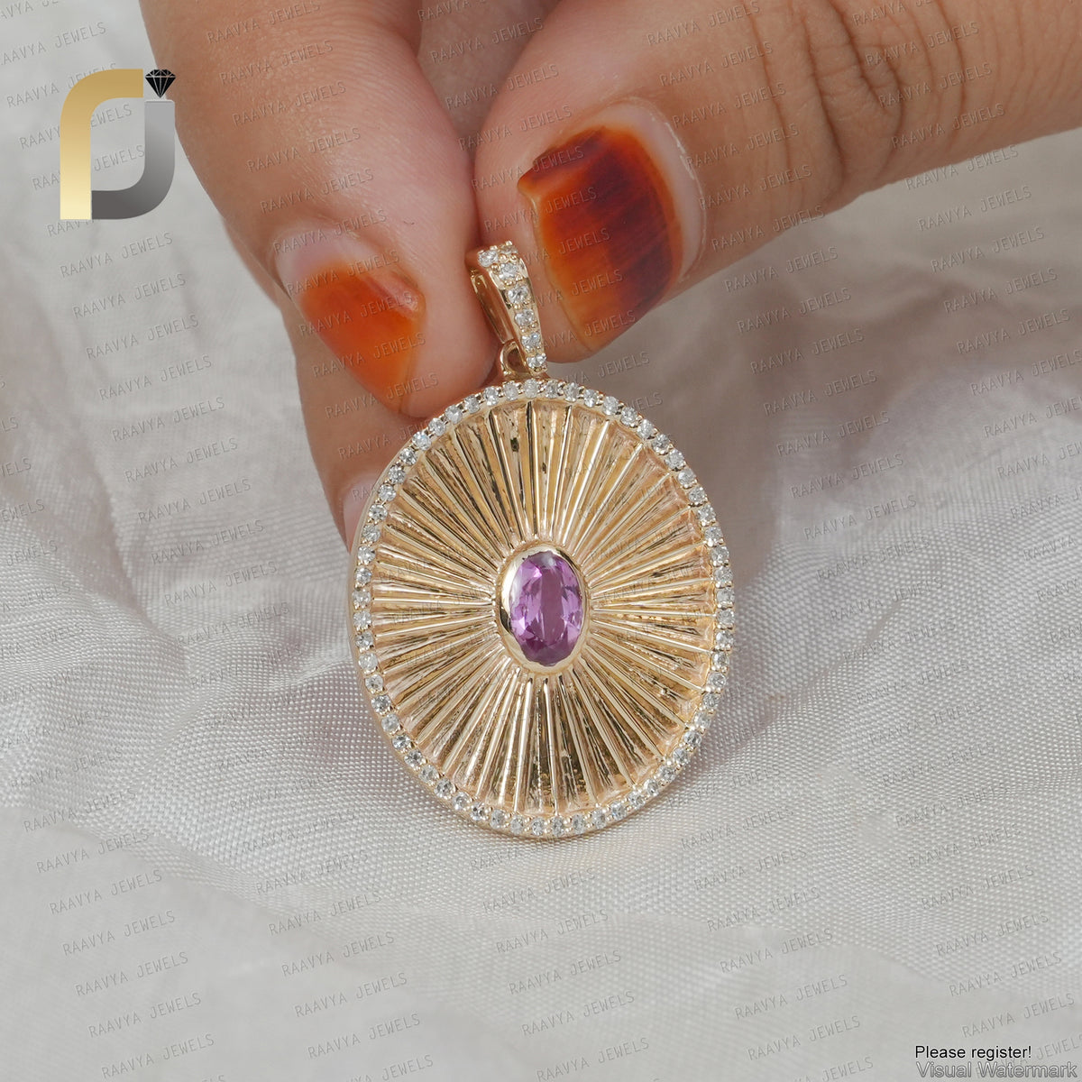 14K Solid Yellow Gold with Diamond & Pink Sapphire Pendant
