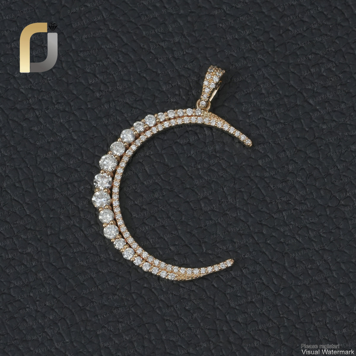 14k Solid Yellow Gold Double Cut White Diamond Crescent Moon Pendant