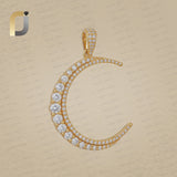 14k Solid Yellow Gold Double Cut White Diamond Crescent Moon Pendant