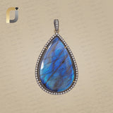 925 Silver Labradorite Gemstone Pendant Pave Diamond Jewelry