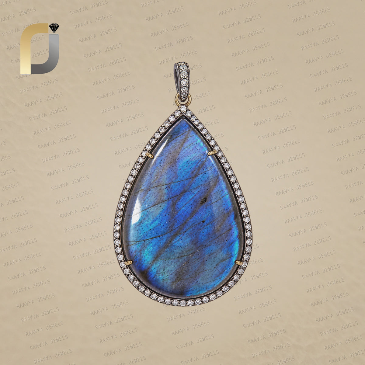 925 Silver Labradorite Gemstone Pendant Pave Diamond Jewelry