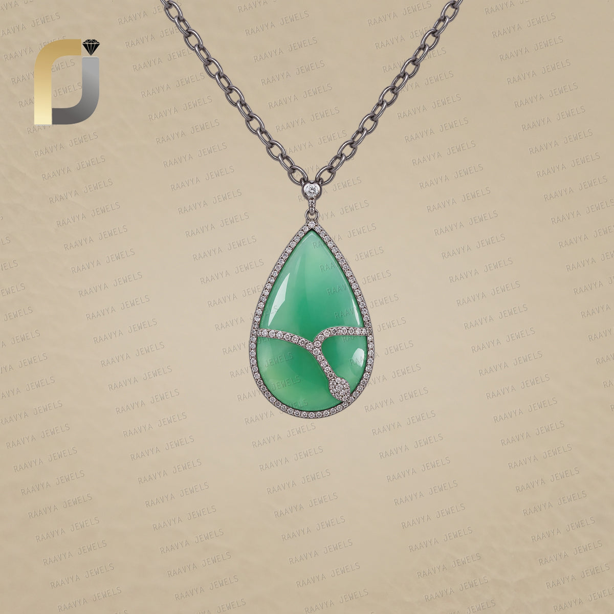 Diamond Snake 925 Silver Chrysoprase Gemstone Pendant Jewelry
