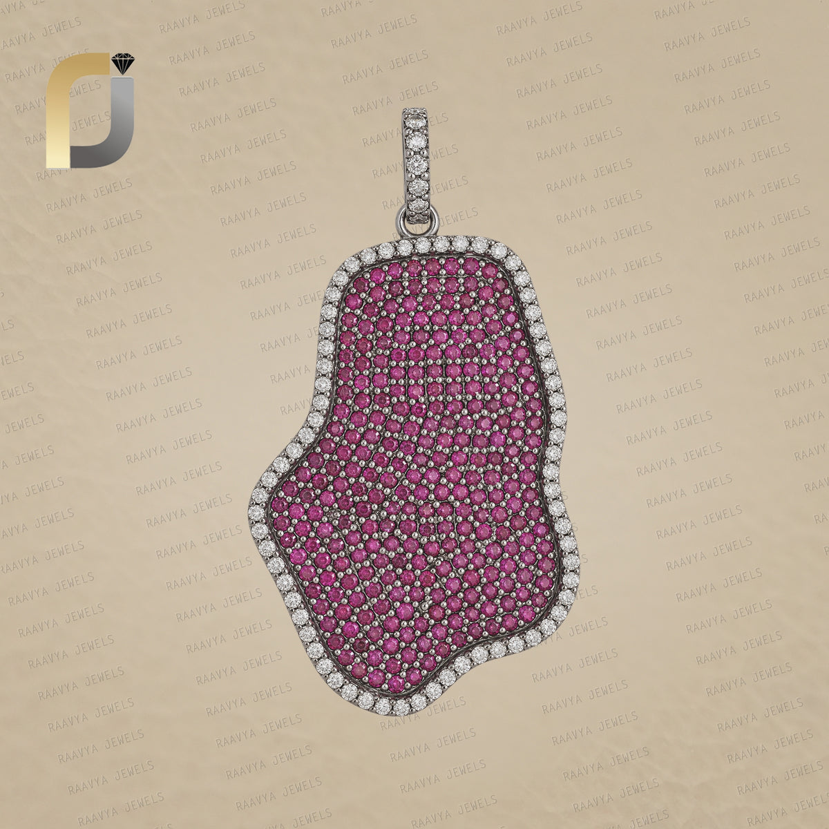 White Diamond & Ruby Gemstone silver Uneven Pendant