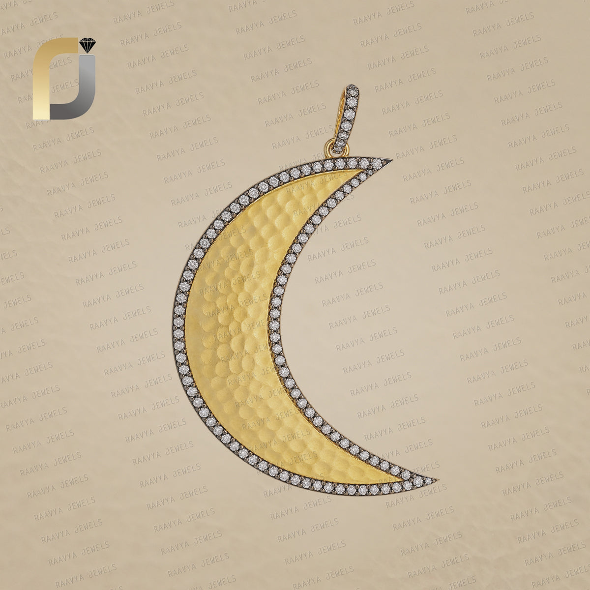 Diamond Crescent Moon Yellow Vermeil Hammered Silver Pendant Jewelry