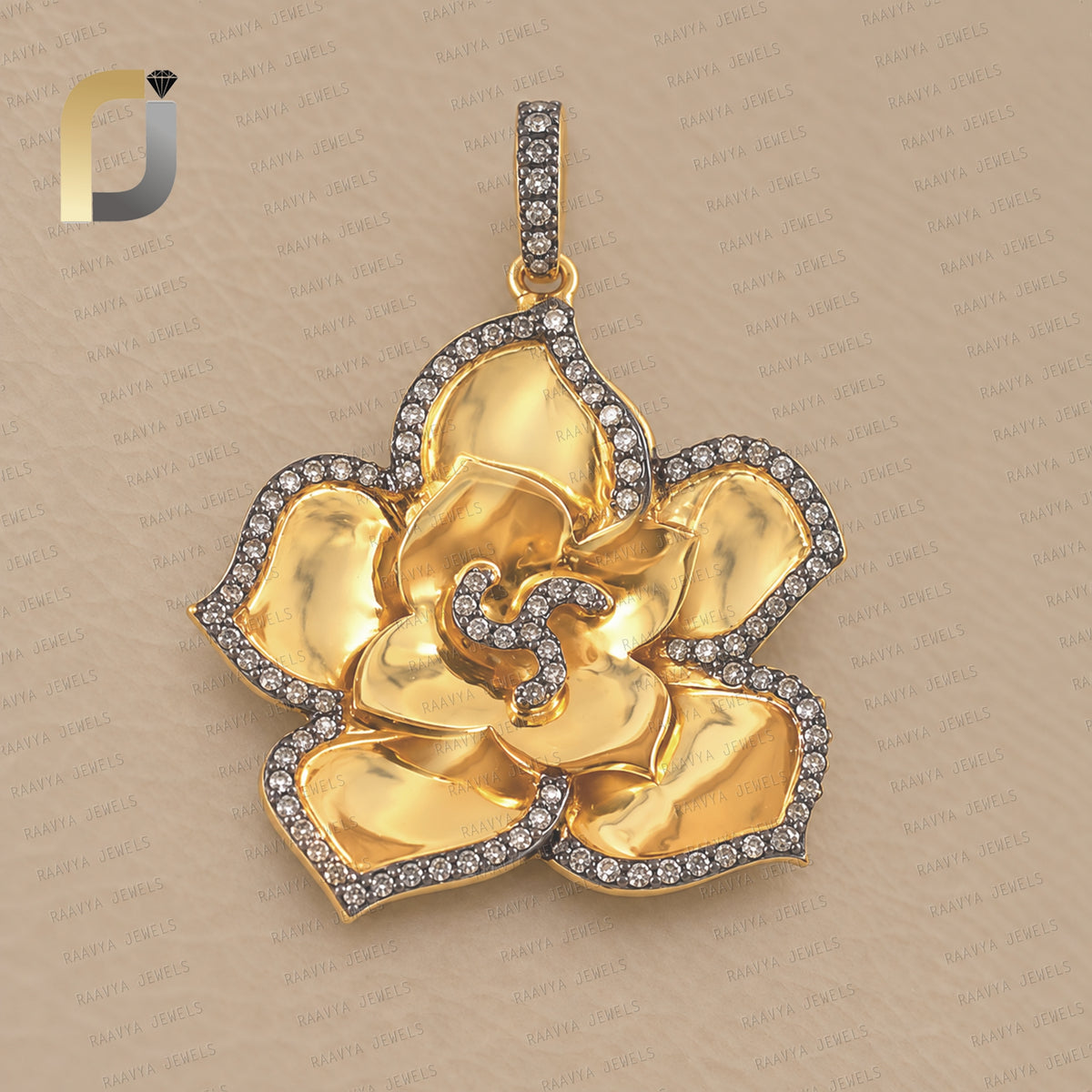 925 Silver Yellow Matt Finish with Brown Diamond Flower Pendant