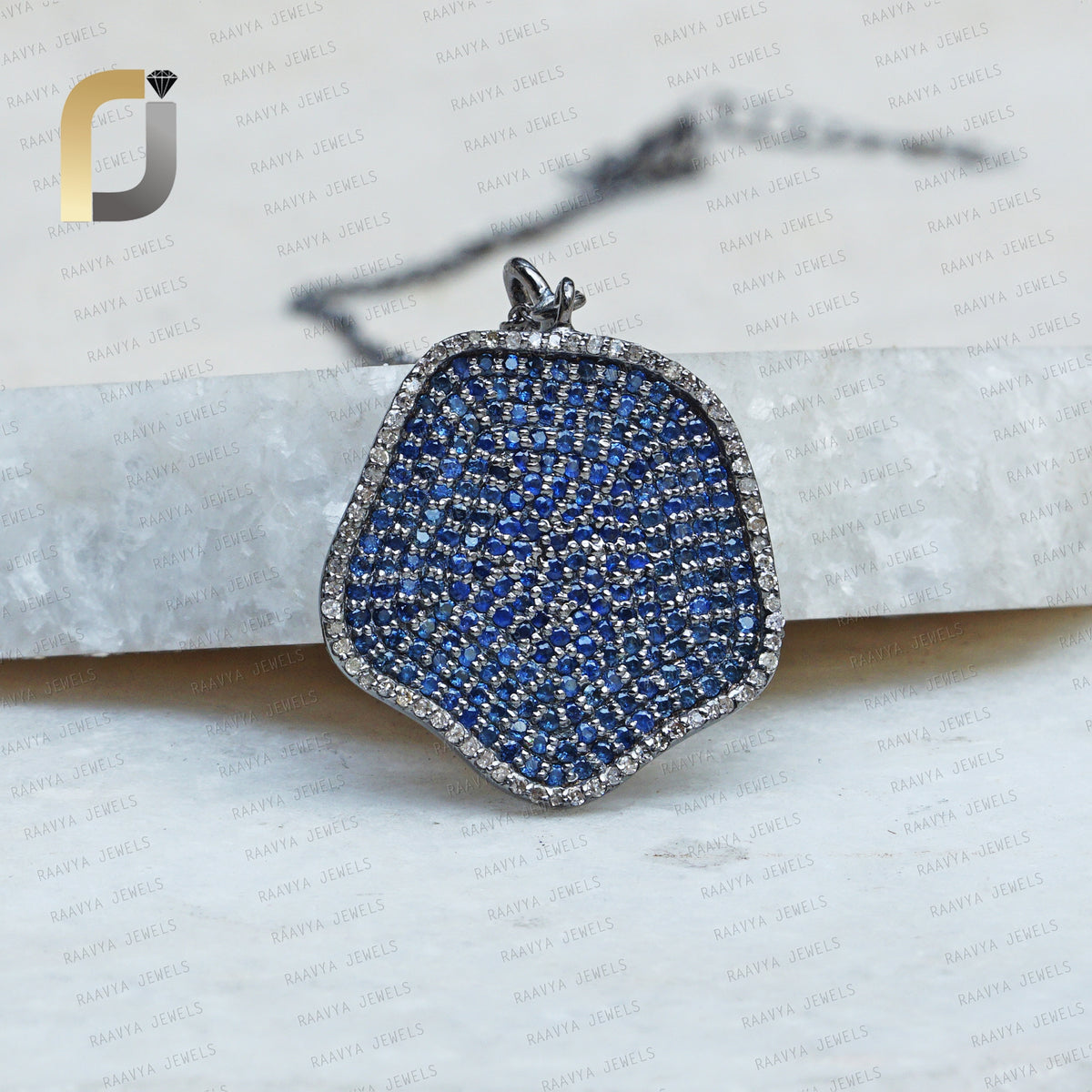 925 Silver White Diamond Blue sapphire uneven pendant Necklace