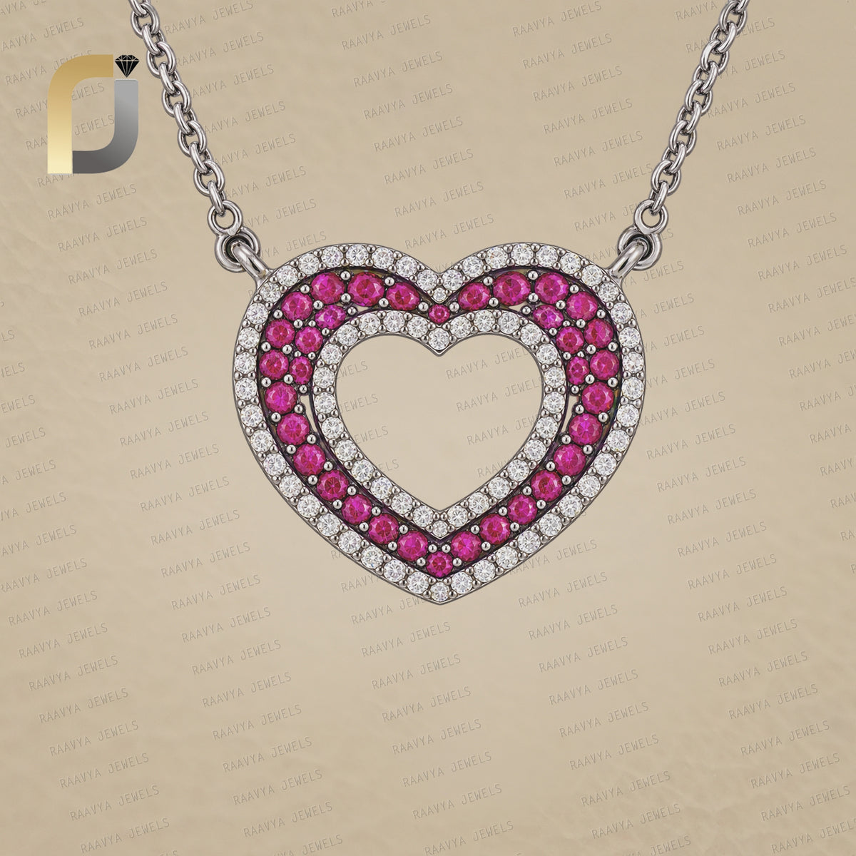 Diamond Ruby Heart Pendant Silver Chain Necklace Jewelry