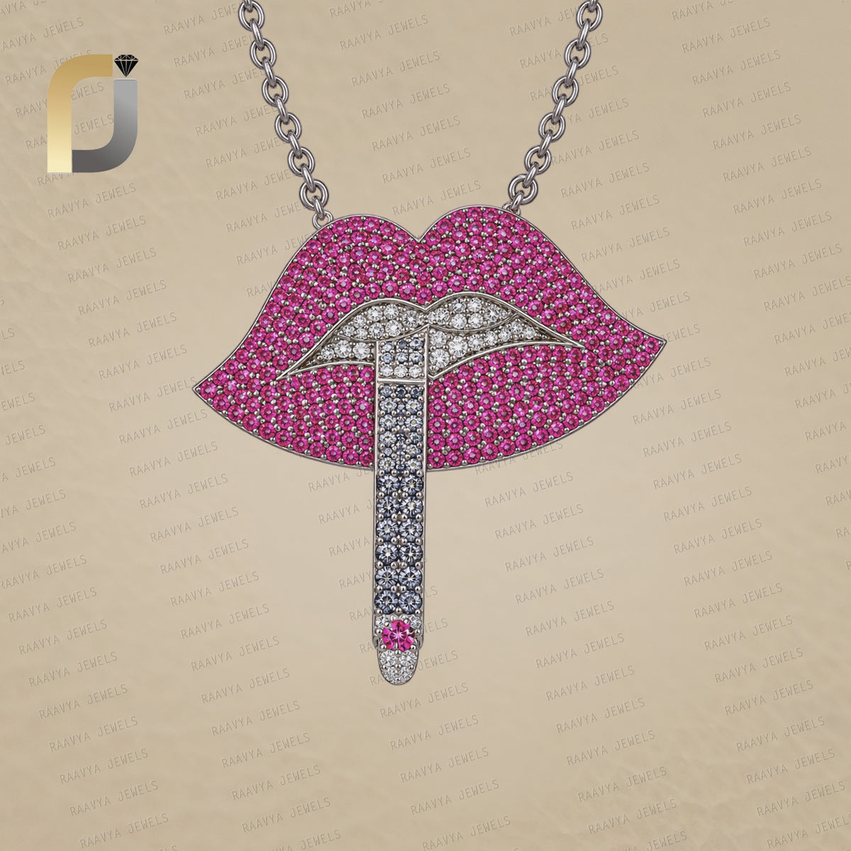 Natural Diamond 925 Silver Ruby Lips Charm Necklace