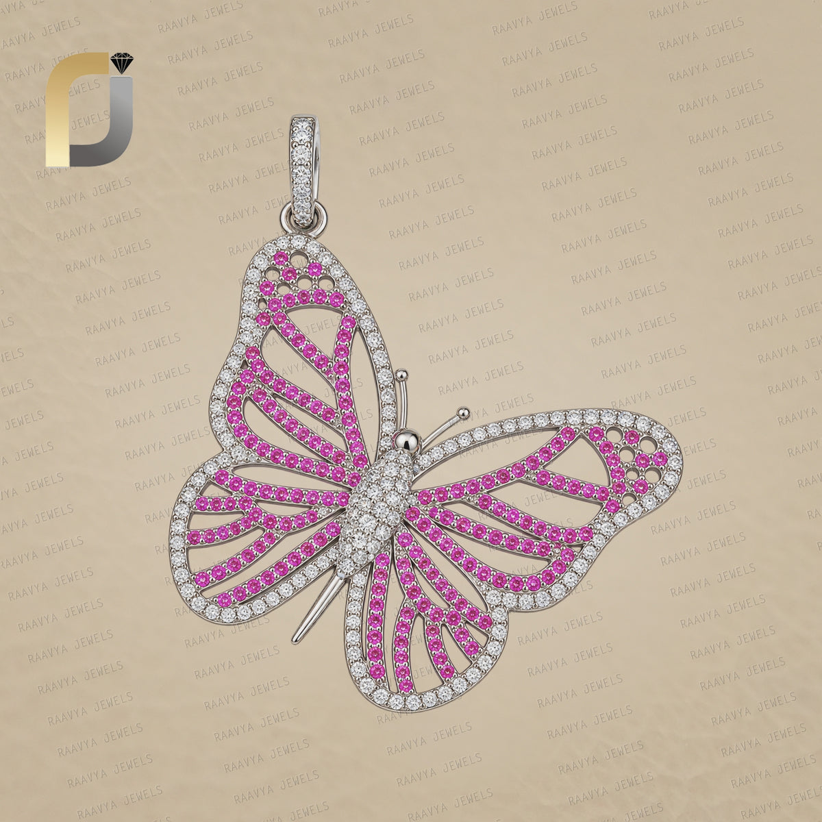 Solid 925 Sterling Silver Butterfly Pendant Pink Sapphire Gemstone Diamond Jewelry