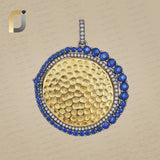 925 silver Blue Sapphire Gemstone Pave Diamond Yellow Vermeil Round Pendant Jewelry