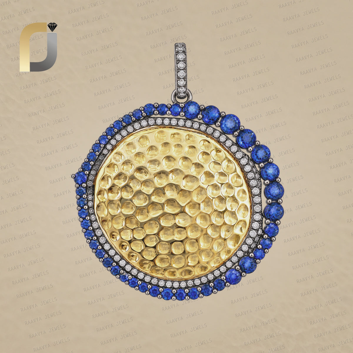 925 silver Blue Sapphire Gemstone Pave Diamond Yellow Vermeil Round Pendant Jewelry