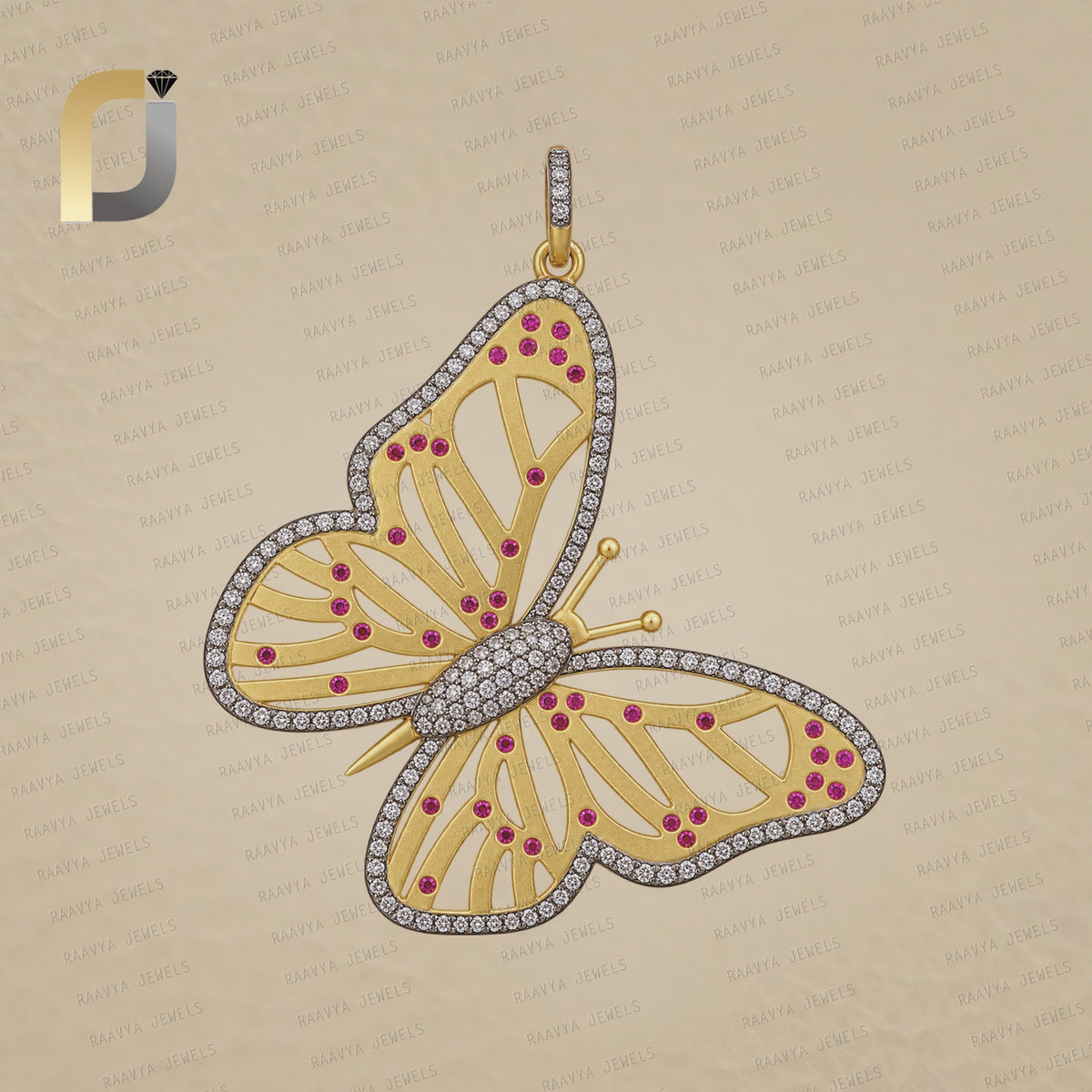925 Silver Yellow Plating Champagne Diamond & Ruby Butterfly Pendant
