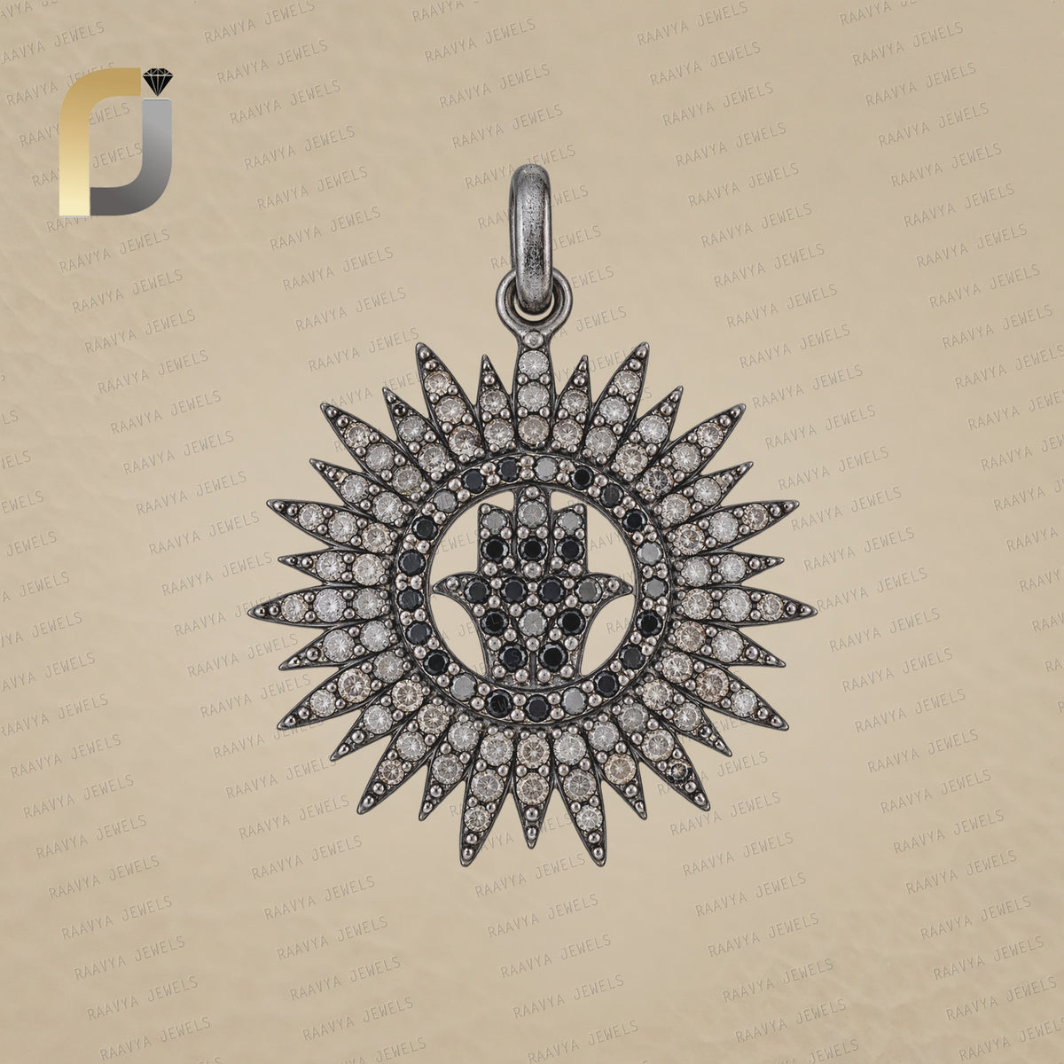 Black & White Diamond Starburst hamsa Silver Pendant Jewelry