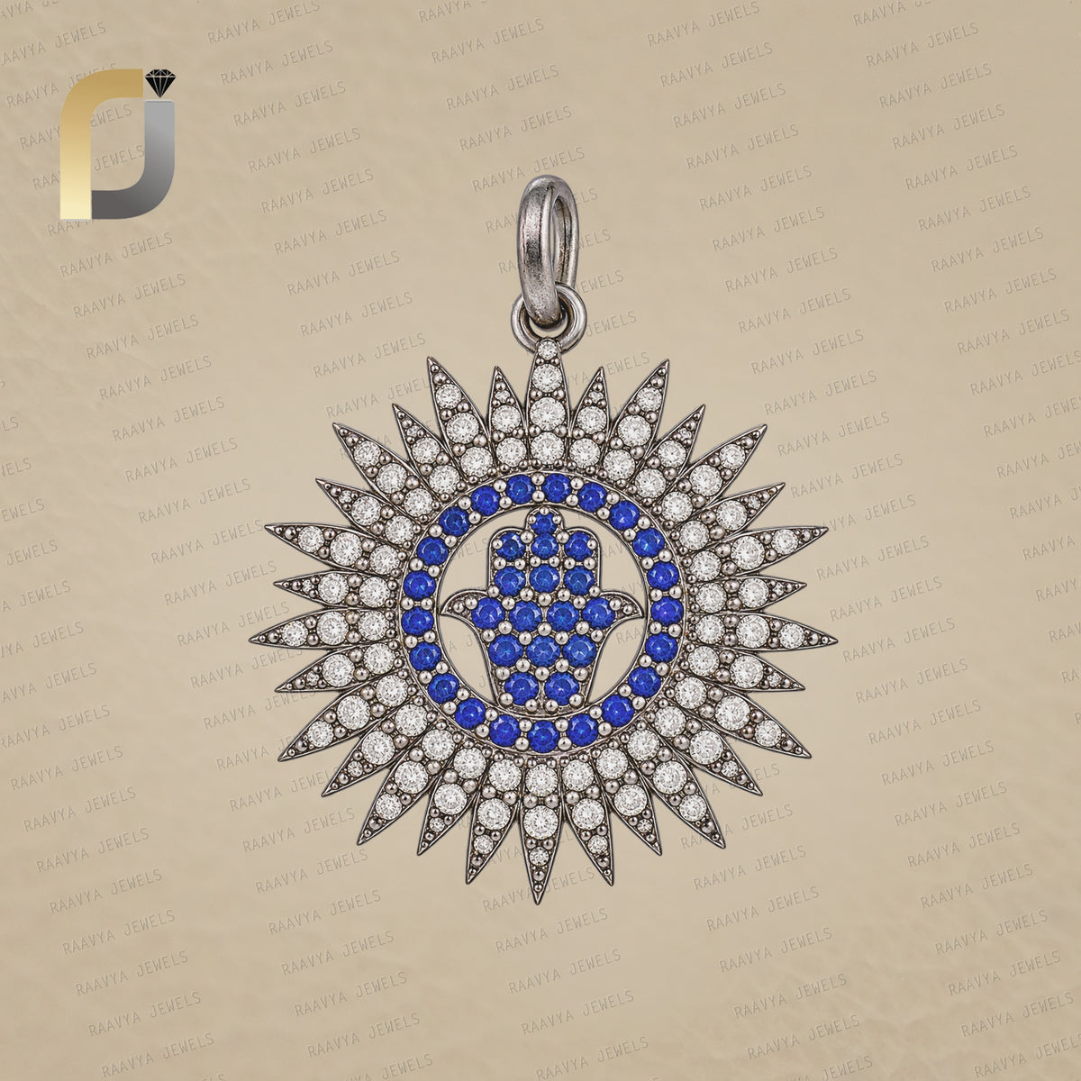 Blue Sapphire Hamsa Diamond 925 Silver Pendant