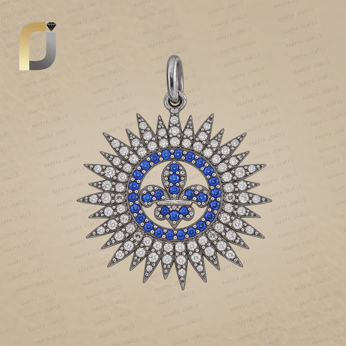 922 Silver Blue Sapphire Fleur De Lis Diamond Charm Pendant Jewelry