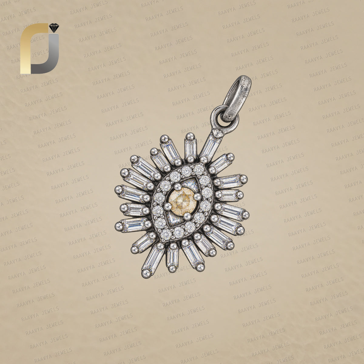 Baguette Diamond Evil Eye Charm 925 Silver Pendant