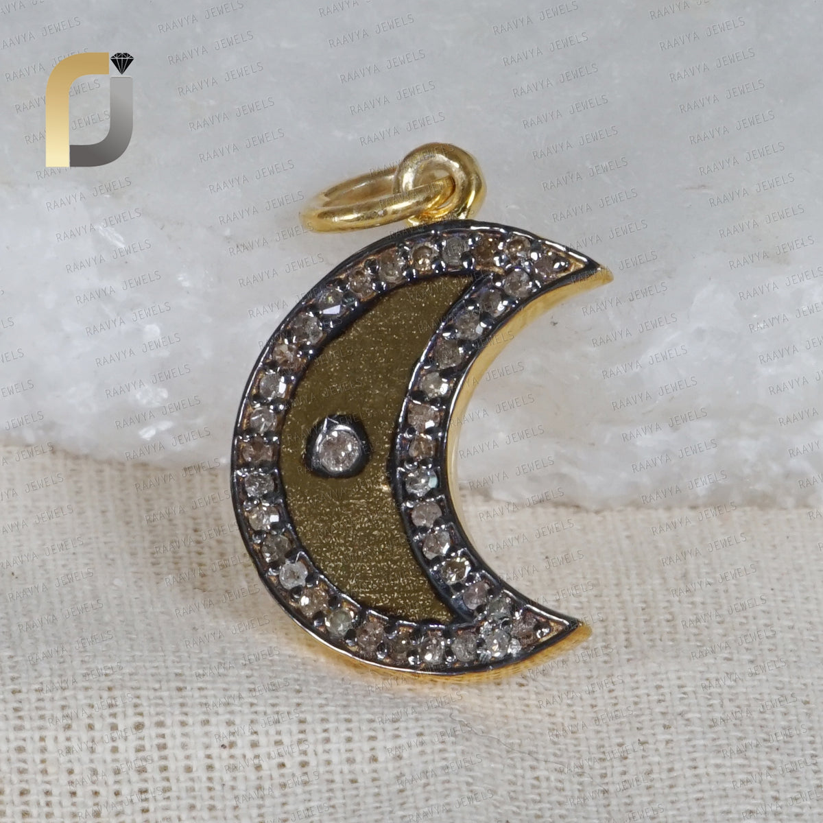925 Silver Yellow Gold Brown Diamond Moon Shape Pendant