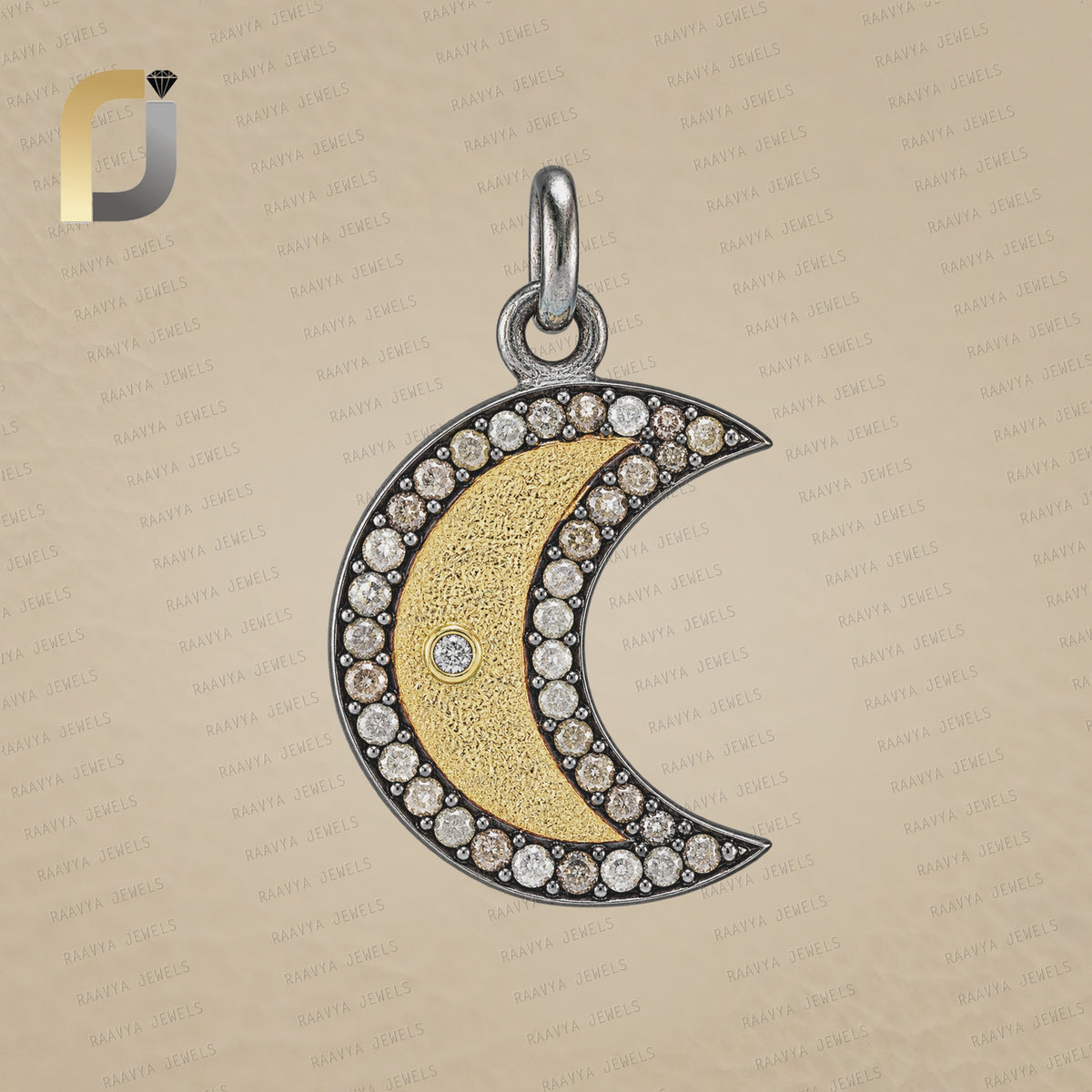 925 Silver Yellow Gold Brown Diamond Moon Shape Pendant