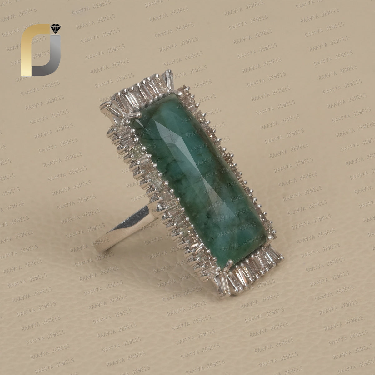 Baguette Diamond 925 Silver Emerald Gemstone Long Ring Jewelry
