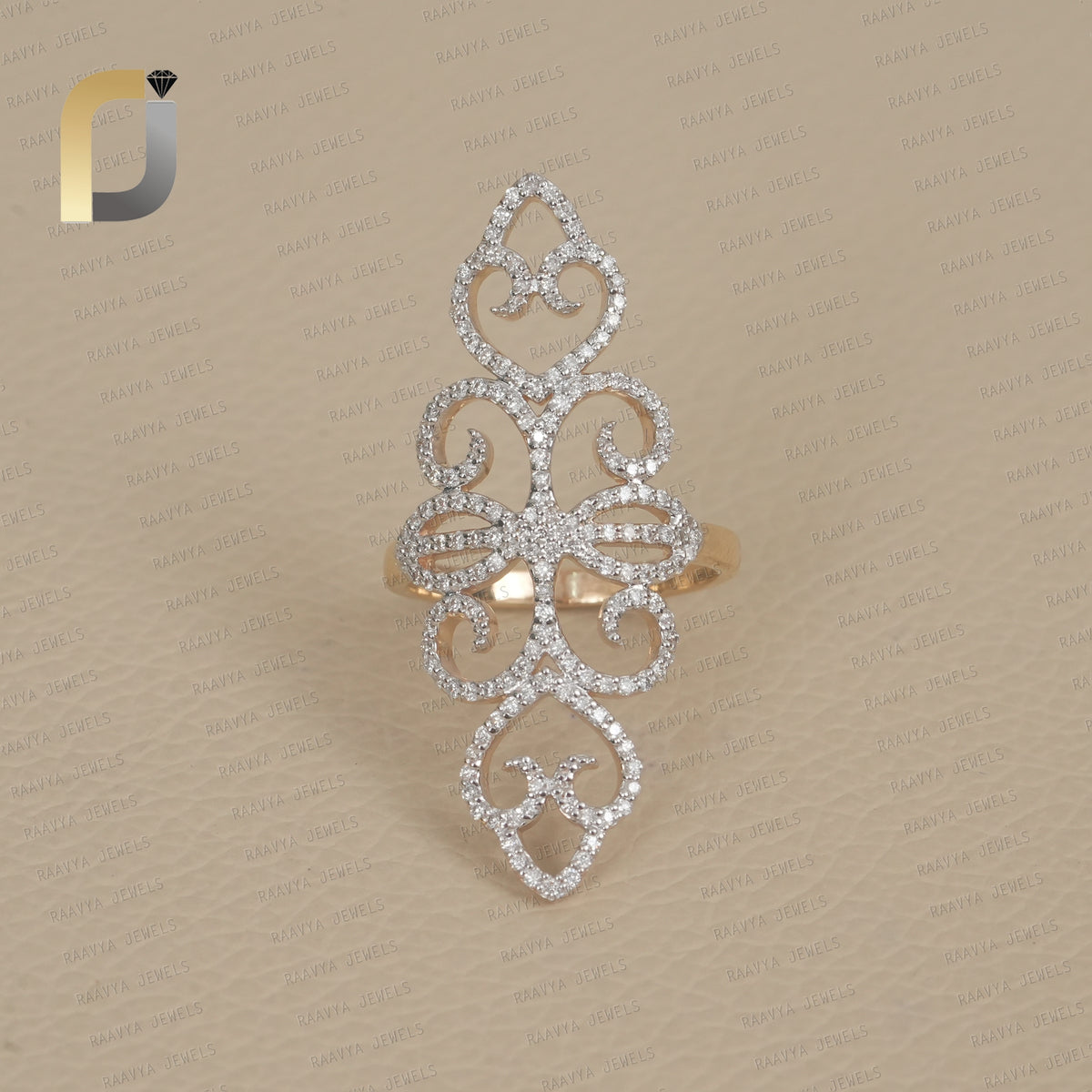 14k Gold Pave Diamond Designer Long Ring Jewelry