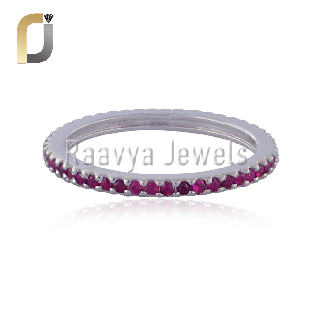 Single Line Precious Ruby Full Eternity Band 925 Silver Stack Ring Jewelry