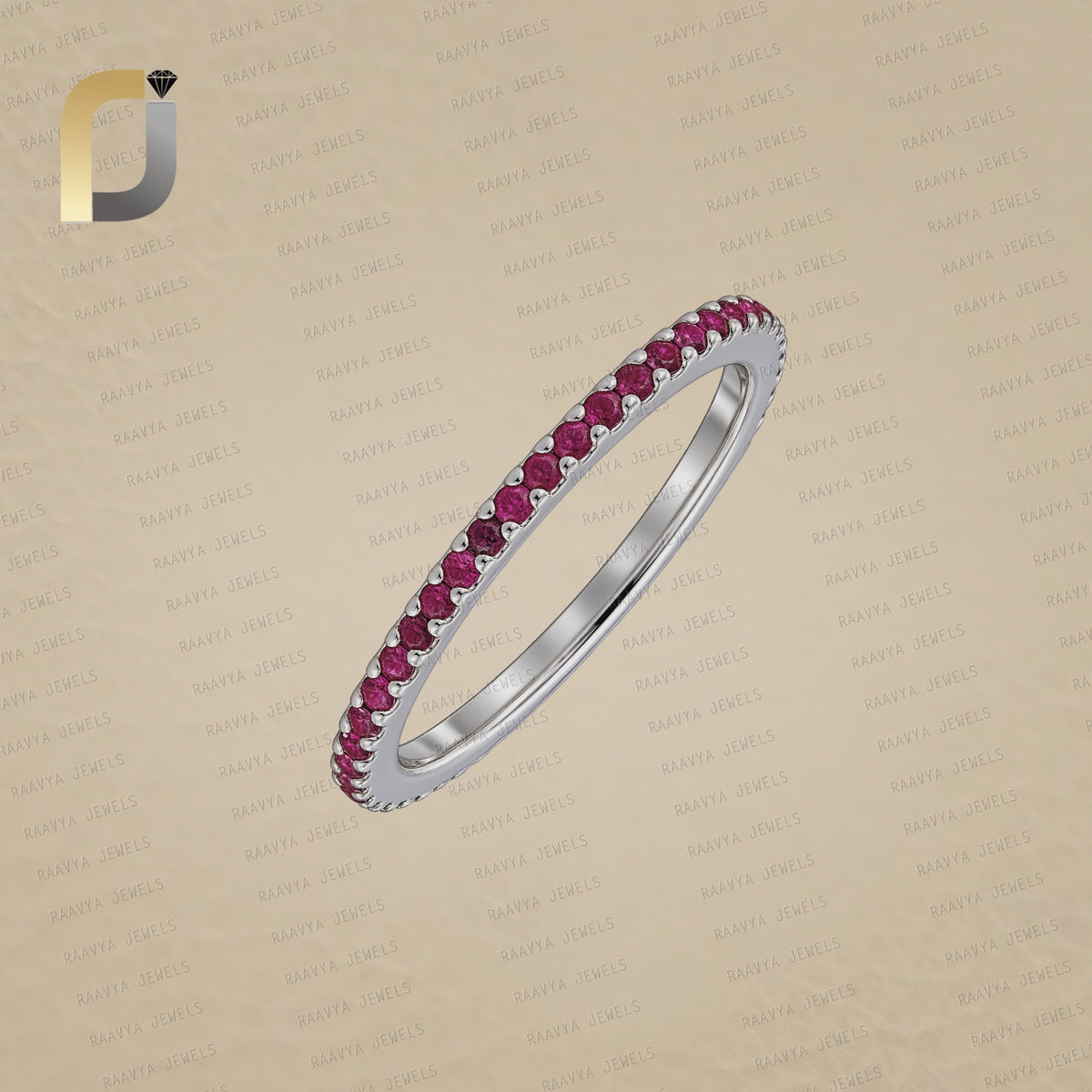 Single Line Precious Ruby Full Eternity Band 925 Silver Stack Ring Jewelry
