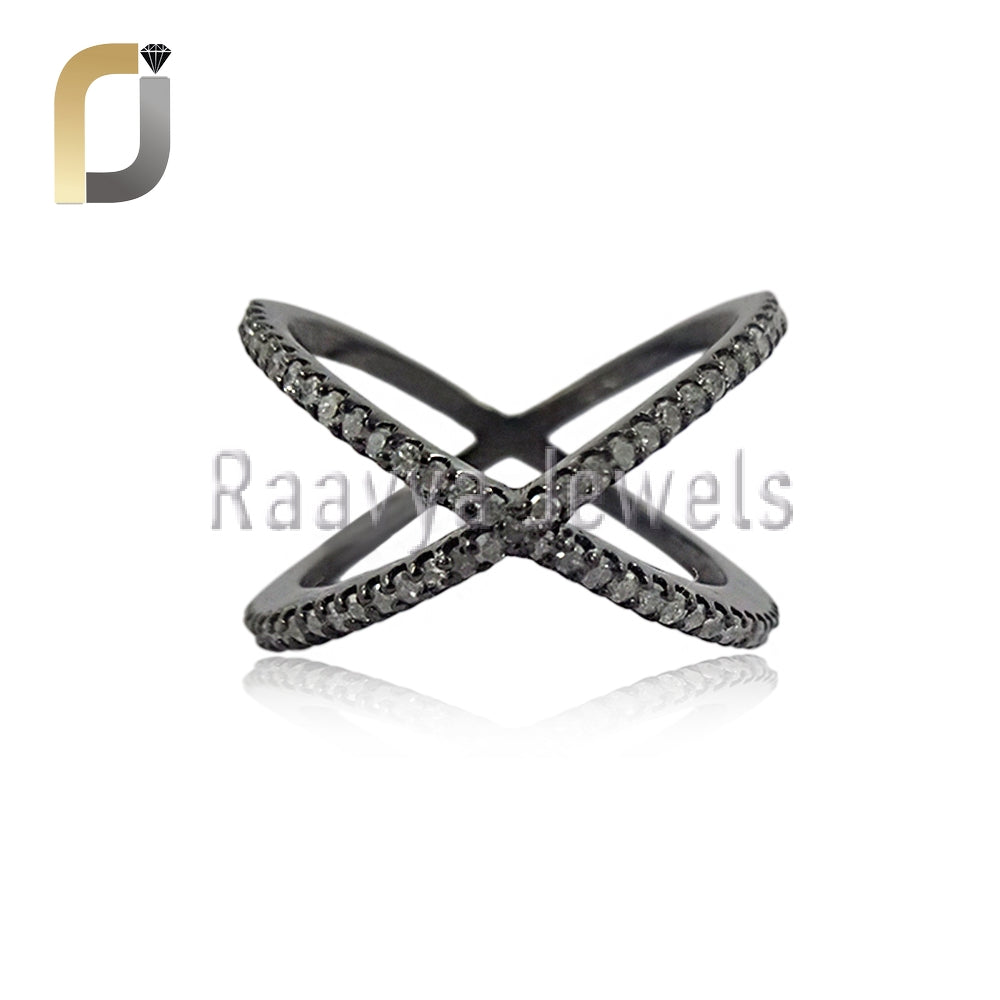 Champagne Pave Diamond Criss Cross Silver Ring